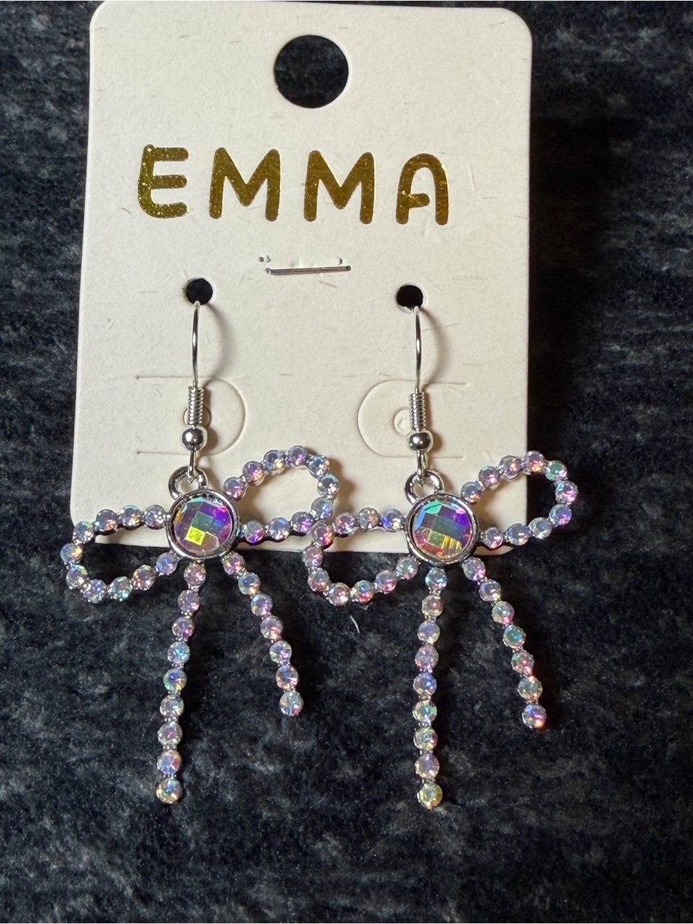 NWT EMMA Rhinestone Bow Dangle Earrings Silver Tone Statement Glam